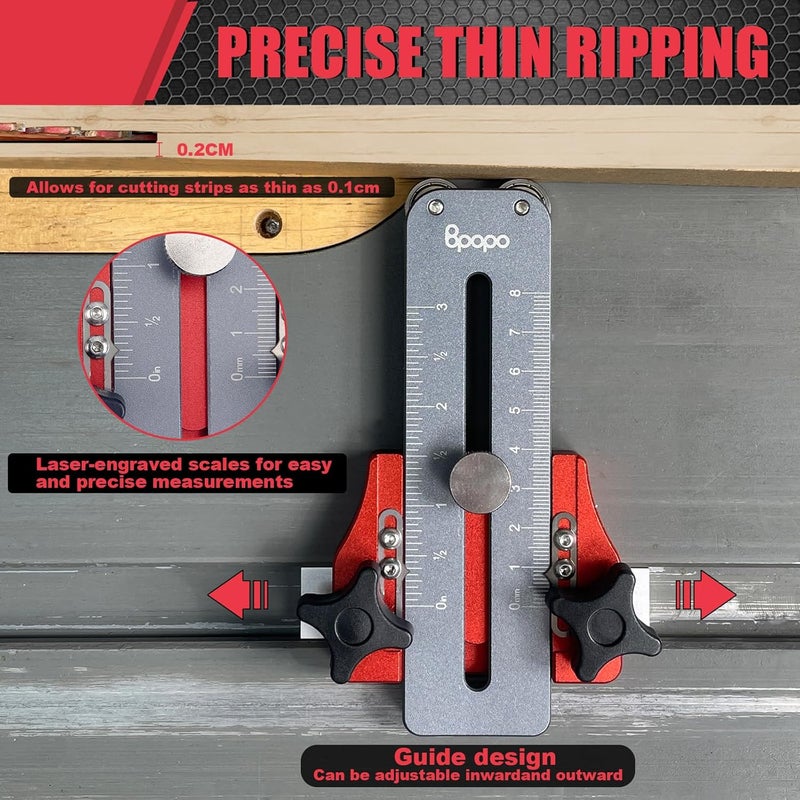 BPOPO Table Saw Thin Rip Jig Guide for Cutting Repetitive Narrow Strips,Safe and Fast Ripping Guide fits for 3/4" X 3/8" T Slots,Compatible with Band Saws, Table Saws, and Routers - Image 2